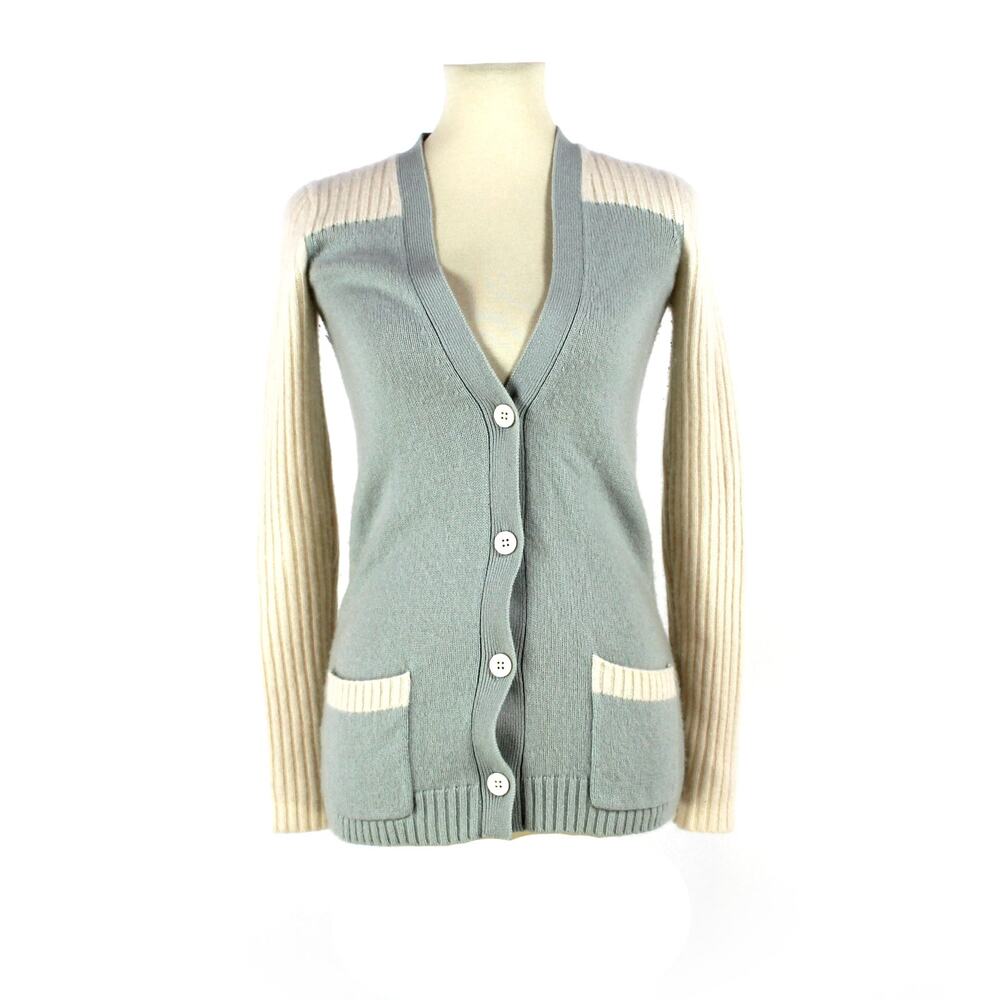Isabel Marant Cashmere Ivory Blue Colorblock Cardigan 38 Rib Knit V-Neck Sweater